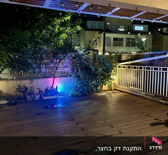 עצים וצמחים מוארים באור צבעוני בגינה